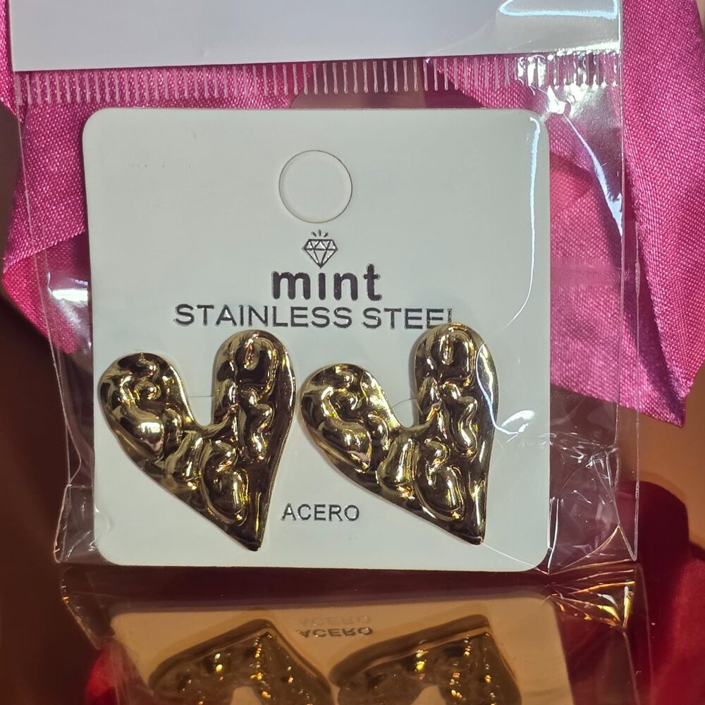 Mint Stainless Steel Textured Gold Heart Stud Earrings | Chunky Statement Earrin